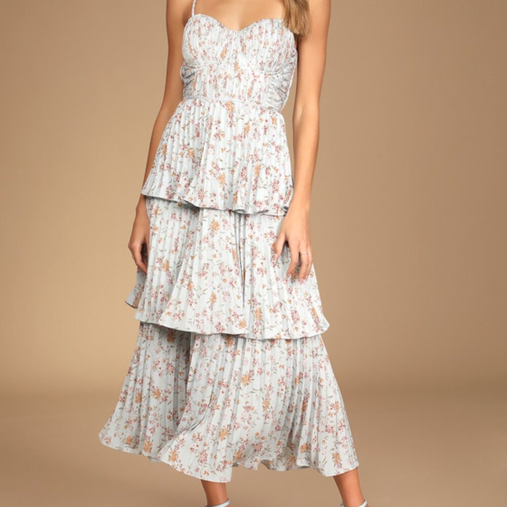 Lulus Cascading Crush Pale Blue Floral Print Tiered Bustier Midi Dress - Size M
